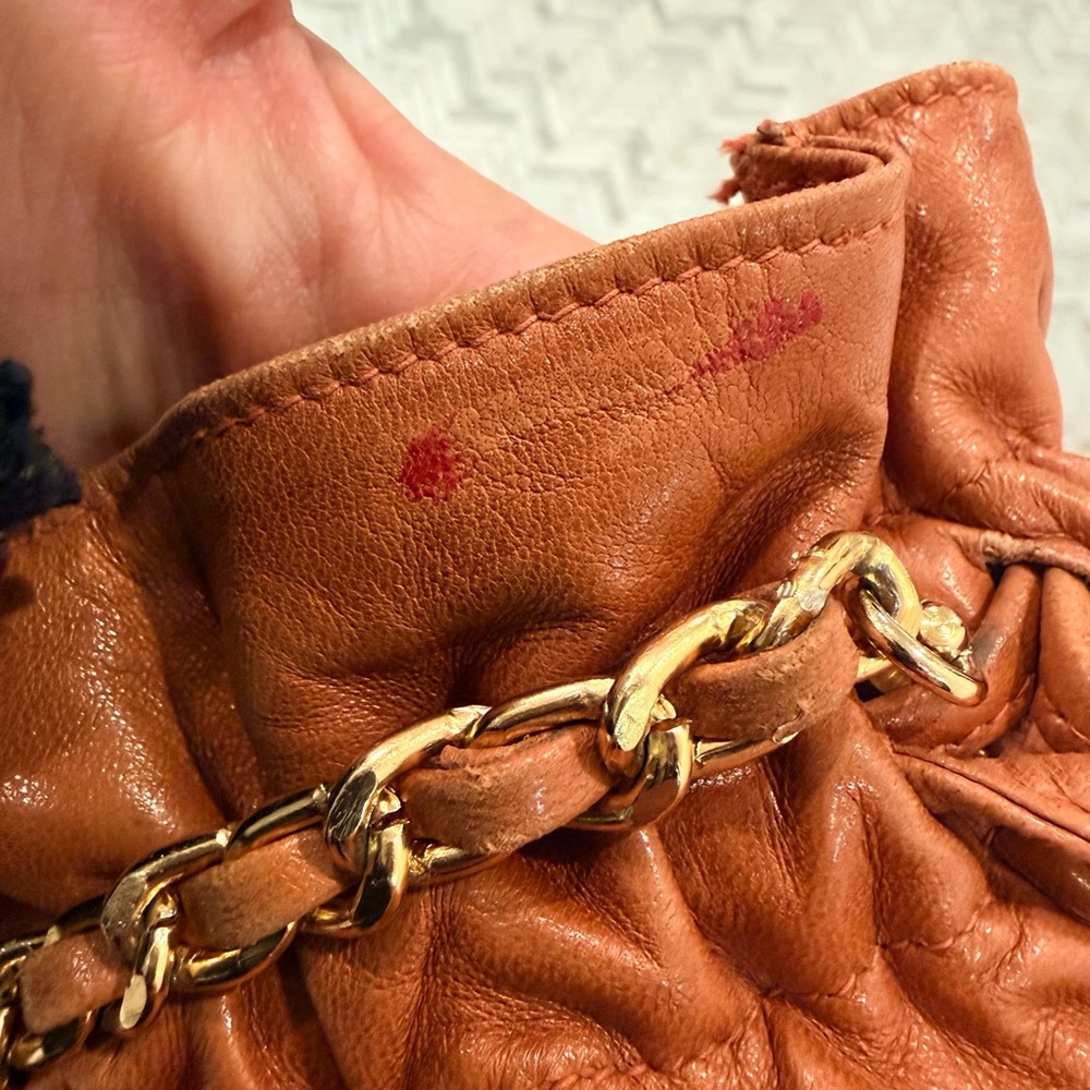 Henri Bendel Tan Woven Leather Bucket Bag with Brown Tassels and Chain Strap - Picture 6 of 11